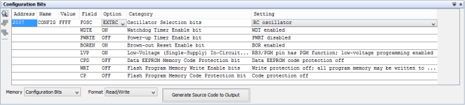 Tela de edição de Configuration Bits para o MPLAB-X.