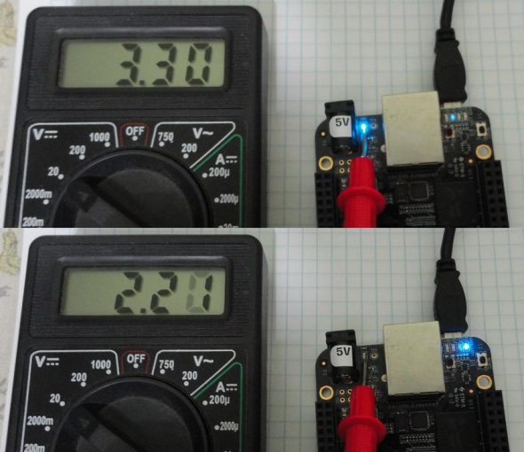 Tensão sobre o ânodo do LED D1 antes e depois das instruções I2C.