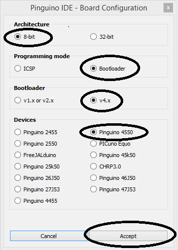 Indicativo de elementos a serem marcados para configuração do PIC 18F4550 no Pinguino