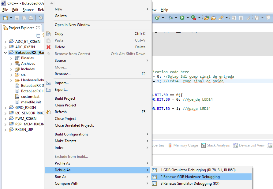 RDK RX63N e e2studio: Debug