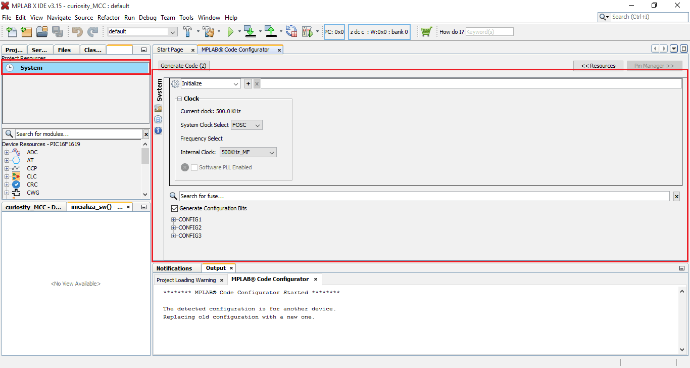 mplab code configurator - configurações do sistema