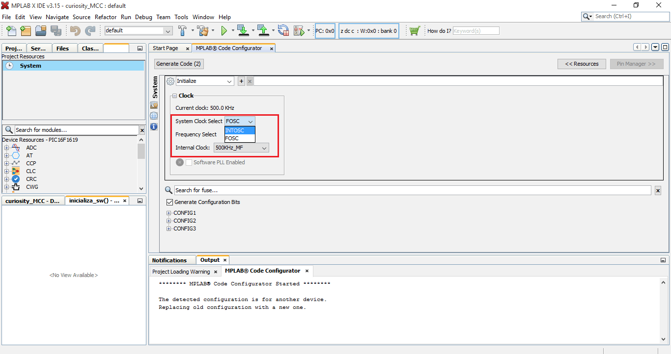 mplab code configurator - clock
