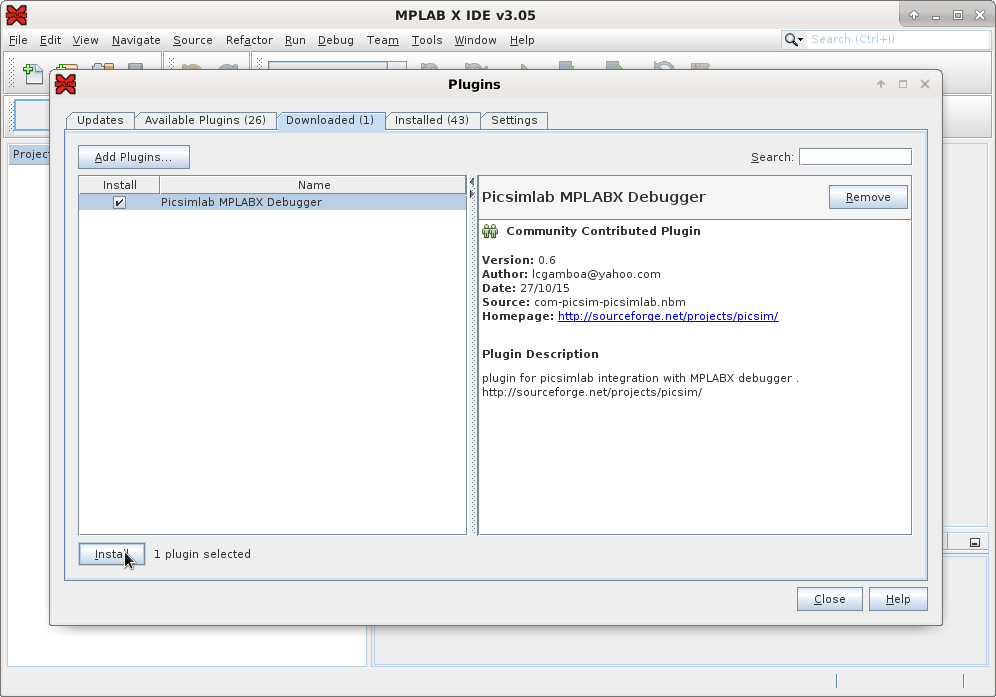 MPLAB X e XC8 no PICsimLab: instalando plugin