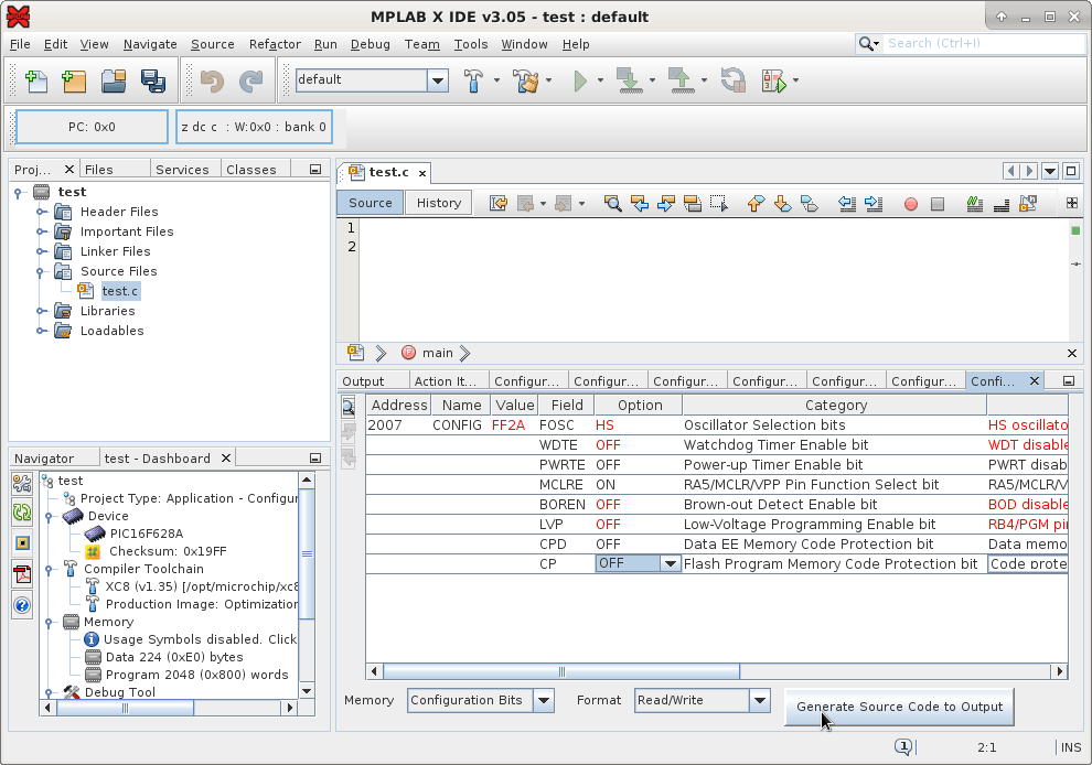 MPLAB X e XC8 no PICsimLab: project config bits generate code