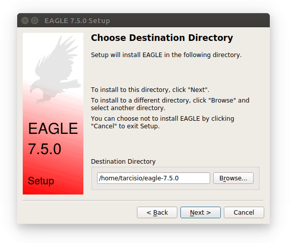 Assistente de instalação do EAGLE (escolha do diretório de instalação)