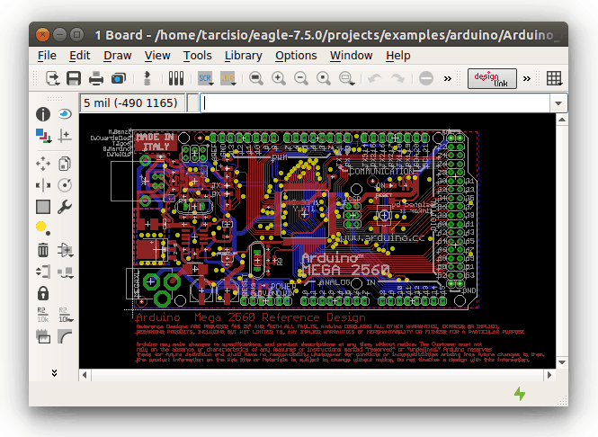 Projeto “arduino”, arquivo “Arduino_MEGA2560_ref.brd” (layout)