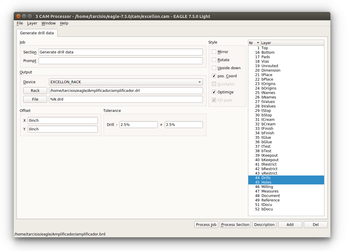 CAM Processor com as configurações carregadas do arquivo “excellon.cam”.