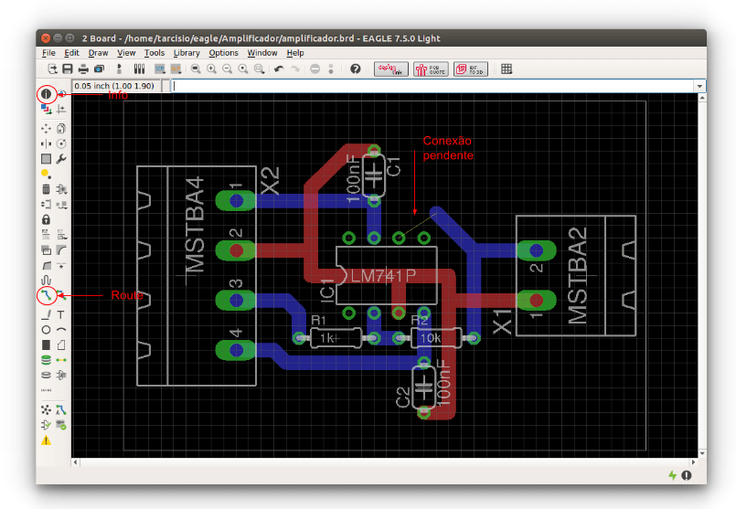 Ferramentas “Route’ e “Info” do Eagle.