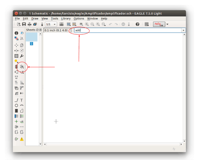 Ferramenta “Add” na barra de ferramentas à esquerda, ou comando “add” na linha de comando acima.