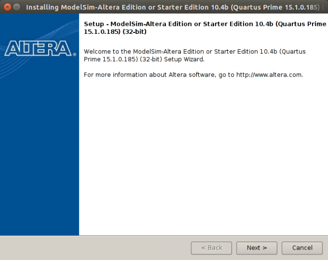 ModelSim no terminal Linux: Interface de instalação