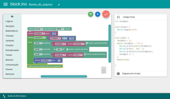 Edição e compilação do código fonte no block.ino