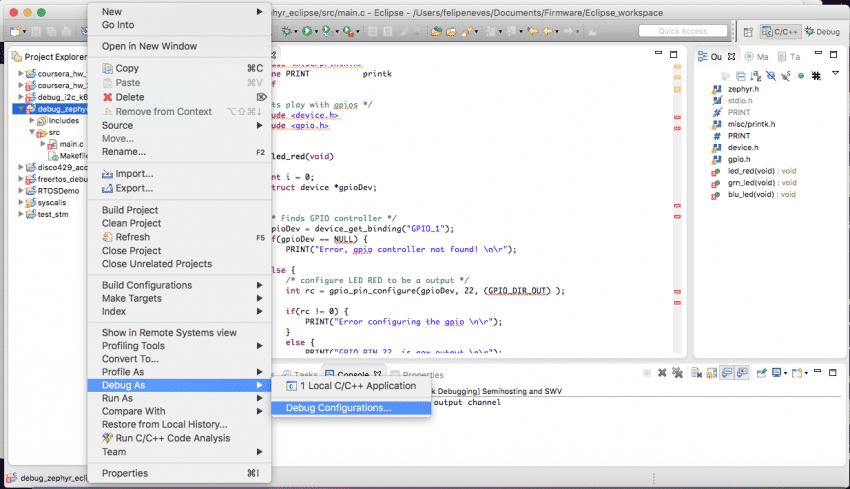 Debug do kernel do Zephyr