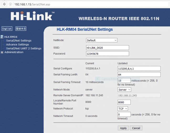 Painel de Configuração do módulo HLK-RM04.
