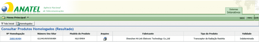 Certificação da Anatel para módulo HLK-RM04.