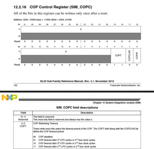 COP do microcontrolador KL05z
