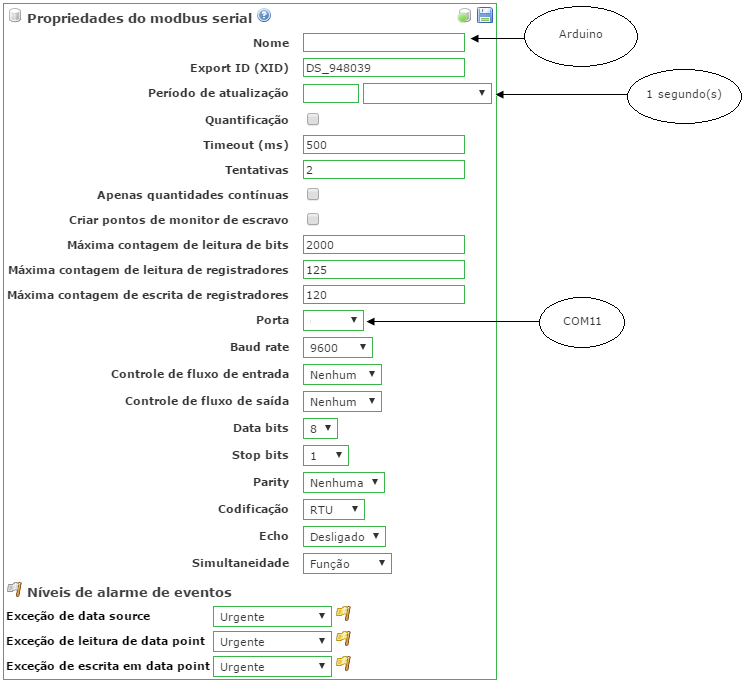Definição das propriedades do Data Source de aquisição.