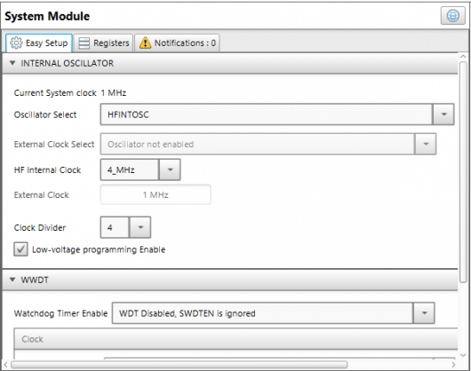 Configuração do sistema no MPLAB Xpress