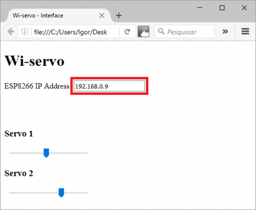 Entrada do endereço IP atribuído ao módulo ESP8266.