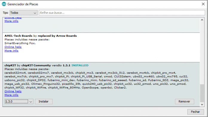 chipKIT na lista de placas no Gerenciador de placas