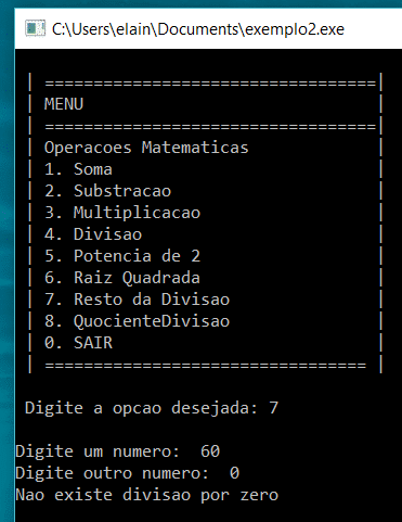 Testando a Opção 7 com n1 = 60 e n2 = 0, resultando em uma divisão por zero que não é permitida.