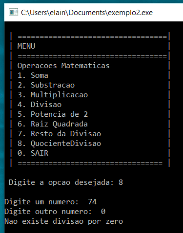 Testando a Opção 8 com n1 = 74 e n2 = 0, resultando em uma divisão por zero que não é permitida.