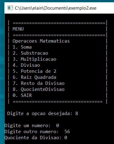Testando a Opção 8 com n1 = 0 e n2 = 56.