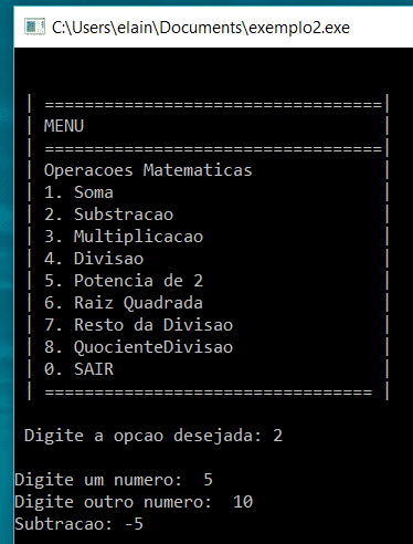 Testando a Opção 4 com n1 = 5 e n2 = 10.