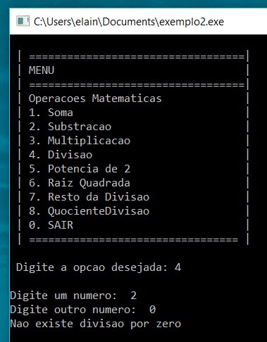 Testando a Opção 4 com n1 = 2 e n2 = 0, resultando em uma divisão por zero que não é permitida.