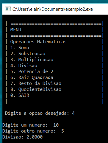 Testando a Opção 4 com n1 = 10 e n2 = 5.