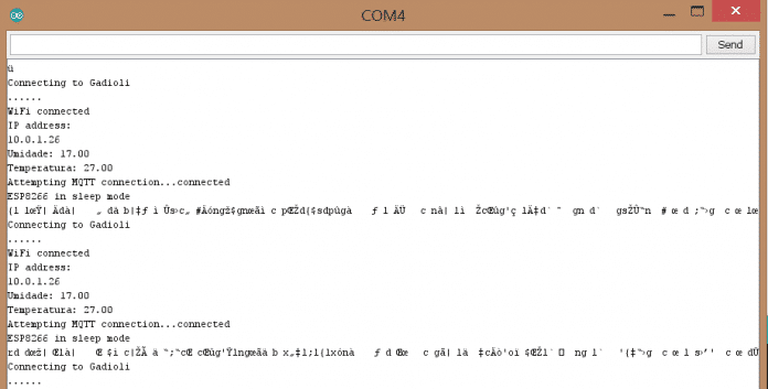 Tela do monitor serial do Arduino IDE com o código rodando na placa NodeMCU.