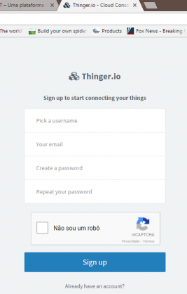 Tela para criar a conta no Thinger.