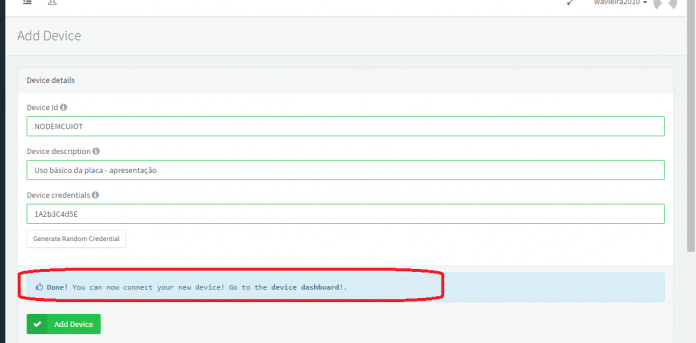Após clicar em Add Device, essa mensagem deverá aparecer confirmando a criação do dispositivo