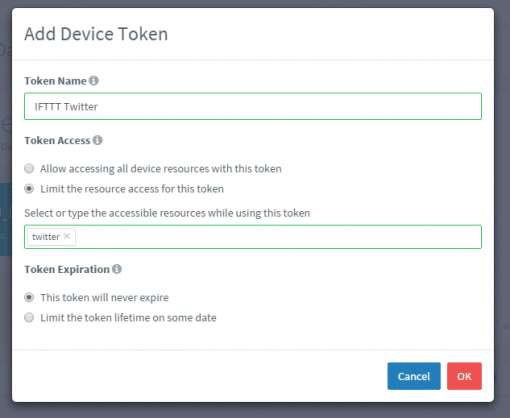 Configurando o token que o IFTTT irá usar para acessar os dados que irão ser exibidos no display OLED