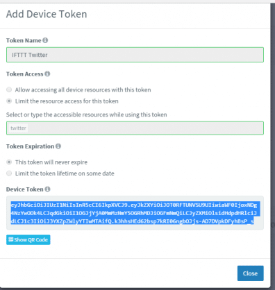 Device Token gerado para usarmos no IFTTT