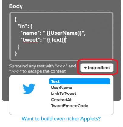 Clicando em +Ingredient você pode selecionar o item relacionado para exibição na placa NodeMCU