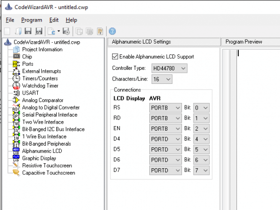 Configuração dos pinos de controle do LCD.