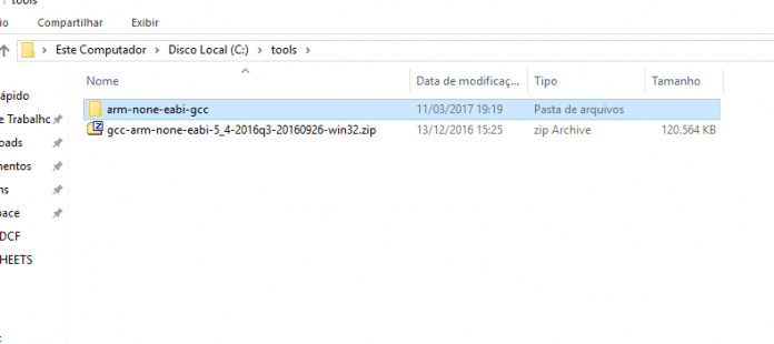 Diretório descompactado para arm-none-eabi-gcc