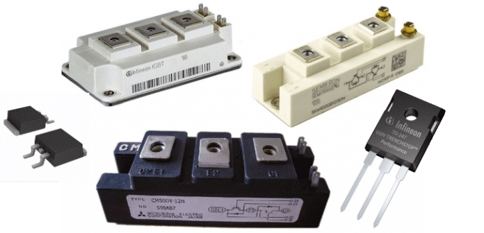 Exemplos de IGBTs discretos e em módulos.