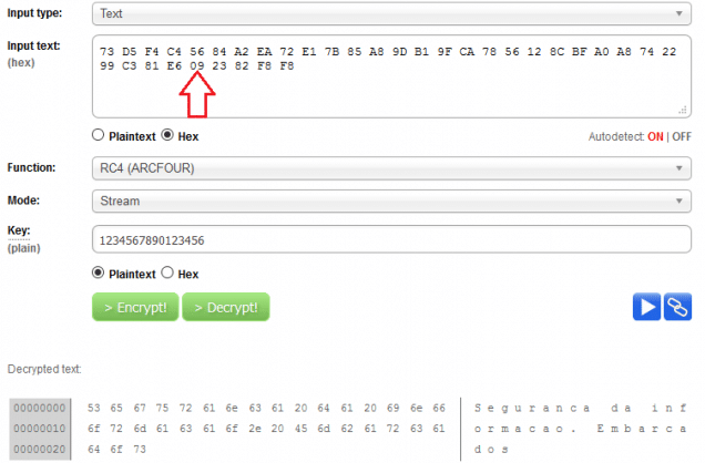 Desencriptação com chave correta do criptograma gerado pelo ESP32.