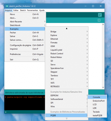 Exemplos para a placa PQDB Mini na IDE Arduino