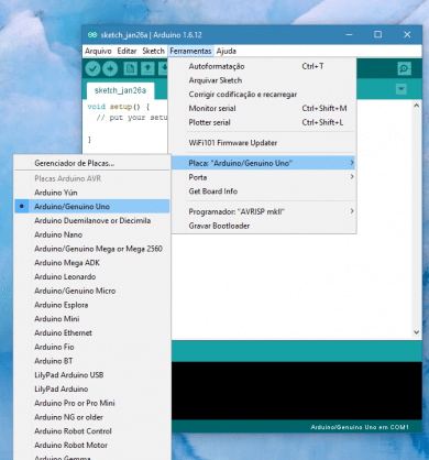 Seleção do tipo da placa Arduino a ser utilizada
