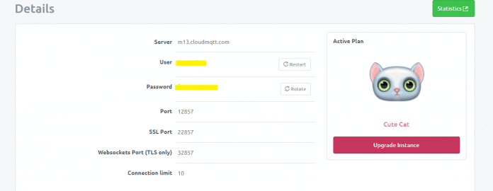 Dados da instância criada no CloudMQTT.