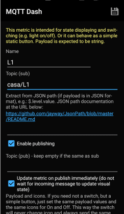 Configurando o Switch/button para publicar no tópico no MQTT DASH