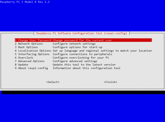 Programa de configuração do sistema Raspbian.
