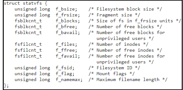 Figura 1 - Estrutura statvfs para obter informações de disco (espaço livre e ocupado).
