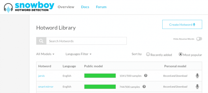 Dashboard de treinamento e teste de Hotword Detection do Snowboy