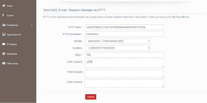 Dados do evento preenchido com informações do IFTTT