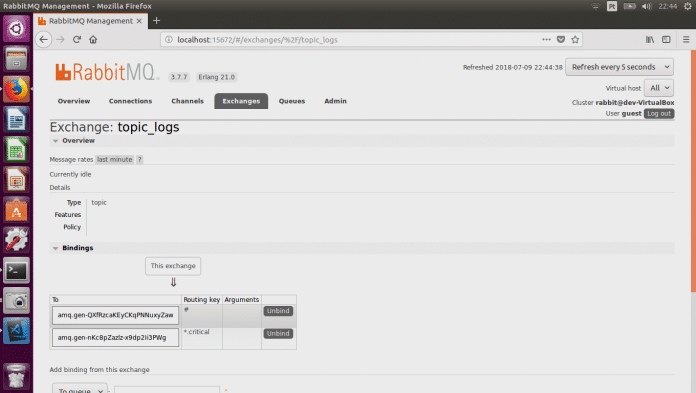 Exibição do Exchange topic_logs e os Bindings Associados.