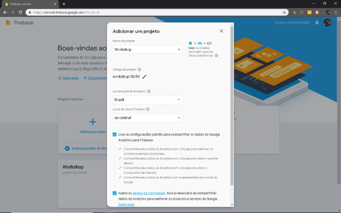 Página de configuração de um novo projeto Firebase.