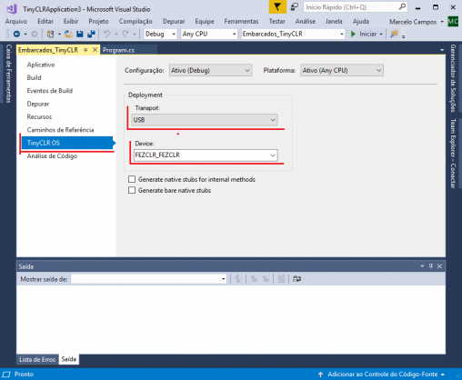 Propriedades do projeto.